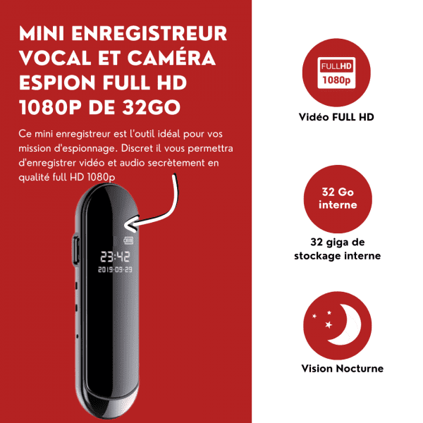 Mini Enregistreur vocal et caméra Espion Full HD 32go