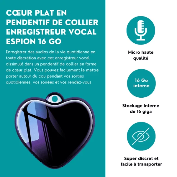 Pendentif Cœur Enregistreur Vocal Espion 16 Go - Micro Discret, Enregistrement Activation Vocale, Autonome 20h