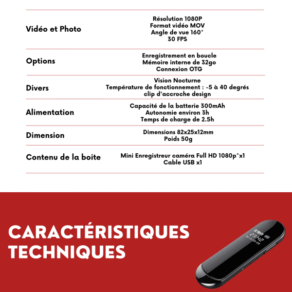 Mini Enregistreur vocal et caméra Espion Full HD 32go