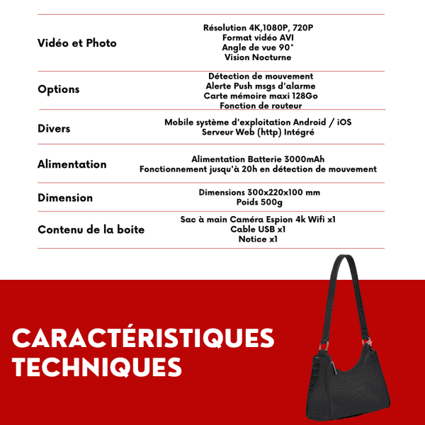 Sac à main Caméra Espion 4k Wifi