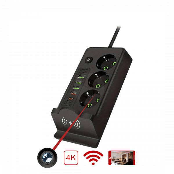 Multiprise Noire Caméra Espion Ultra HD 4K WIFI avec Ports USB et USB-C et recharge induction